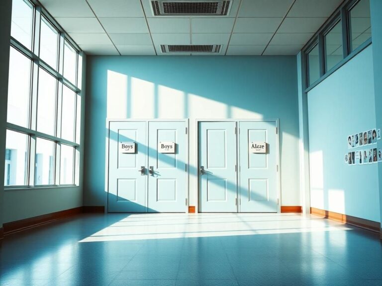 Flick International A modern school corridor showcasing boys and all-gender restroom signs