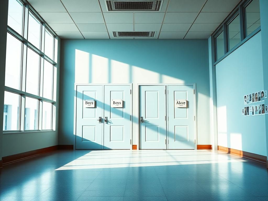 Flick International A modern school corridor showcasing boys and all-gender restroom signs