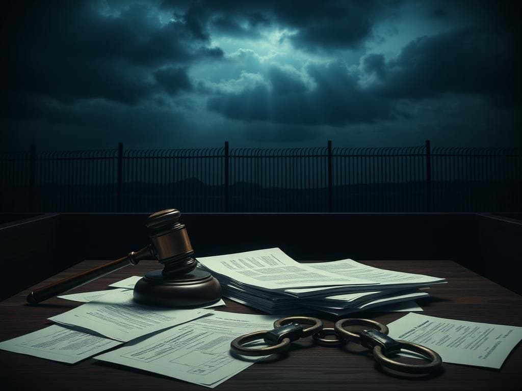Flick International A dimly lit courtroom scene depicting legal documents and a gavel amid shadows of a border wall, representing immigration court proceedings.