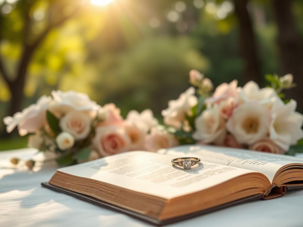 Flick International Beautifully arranged outdoor wedding setting with engagement ring on a vintage book