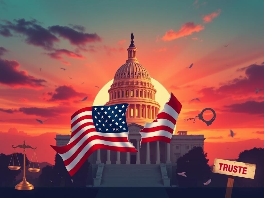 Flick International Stylized U.S. Capitol building at sunset with a broken stock market graph and American flag