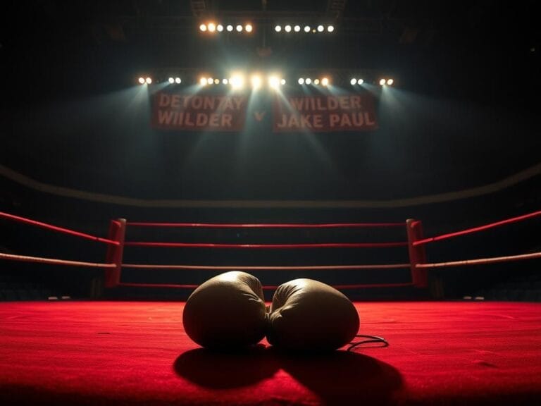 Flick International Boxing gloves resting on the canvas of an empty ring, representing the anticipation of a fight between Deontay Wilder and Jake Paul.