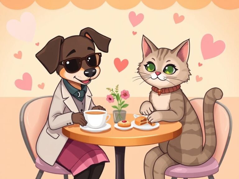 Flick International A whimsical illustration of a dog and cat enjoying a cozy brunch at a cafe table.