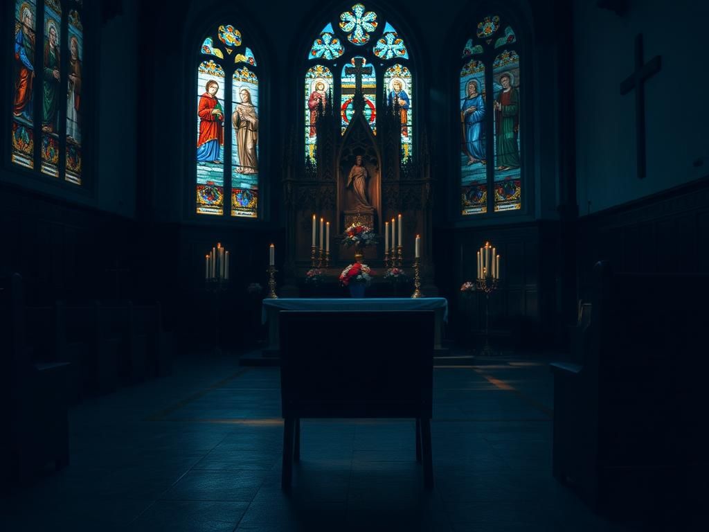 Flick International Somber scene inside a dimly lit Catholic church with an ornate altar