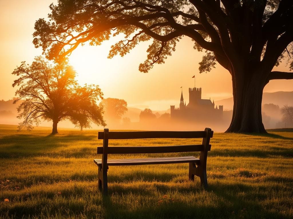 Flick International Serene landscape representing reconciliation with a bench under an oak tree
