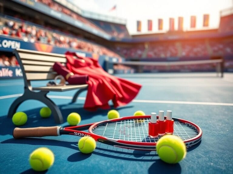 Flick International Vibrant scene of an unoccupied tennis racket on a blue court, surrounded by colorful tennis balls and a stylish red outfit, embodying elegance in sports.