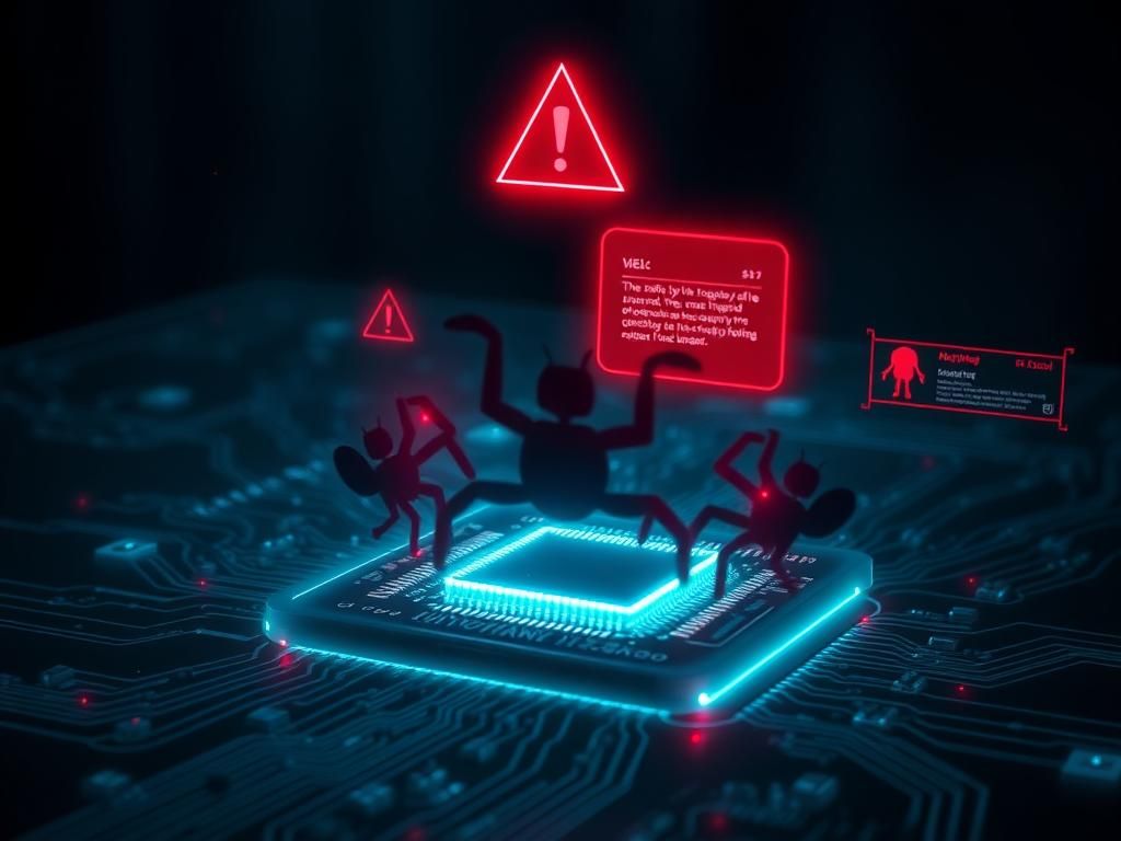 Flick International Dark digital landscape illustrating cybersecurity vulnerability with glowing motherboard surrounded by malware icons