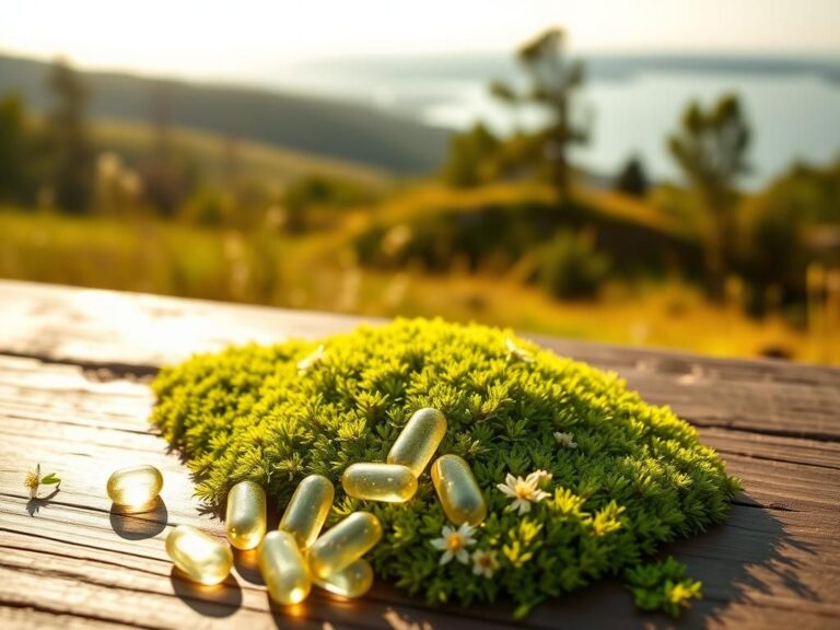 Flick International Close-up of vitamin D capsules on a wooden surface with vibrant green moss and wildflowers in a sun-drenched landscape.