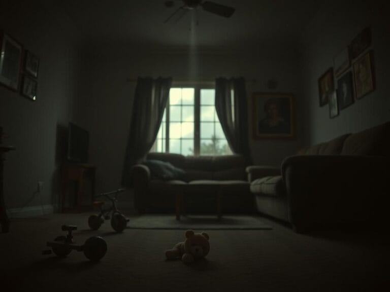 Flick International Empty living room with child's toy symbolizing lost innocence
