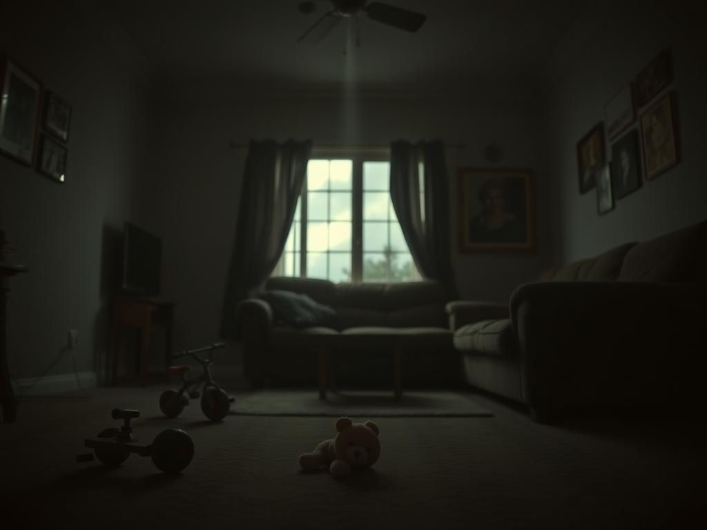 Flick International Empty living room with child's toy symbolizing lost innocence