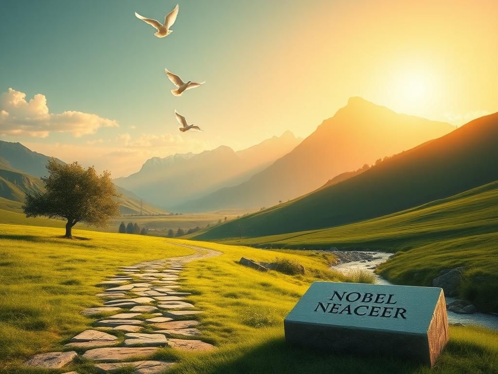 Flick International Serene landscape with a symbolic pathway leading to a mountain range, symbolizing peace and achievement