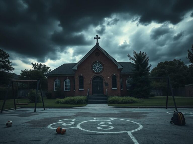 Flick International Exterior view of a church school under dark clouds, depicting signs of neglect and sorrow