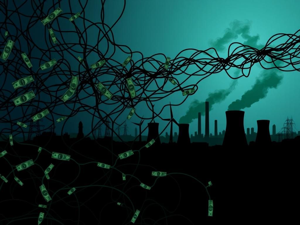 Flick International A dark web of green currency bills and icons representing dark money in environmental politics