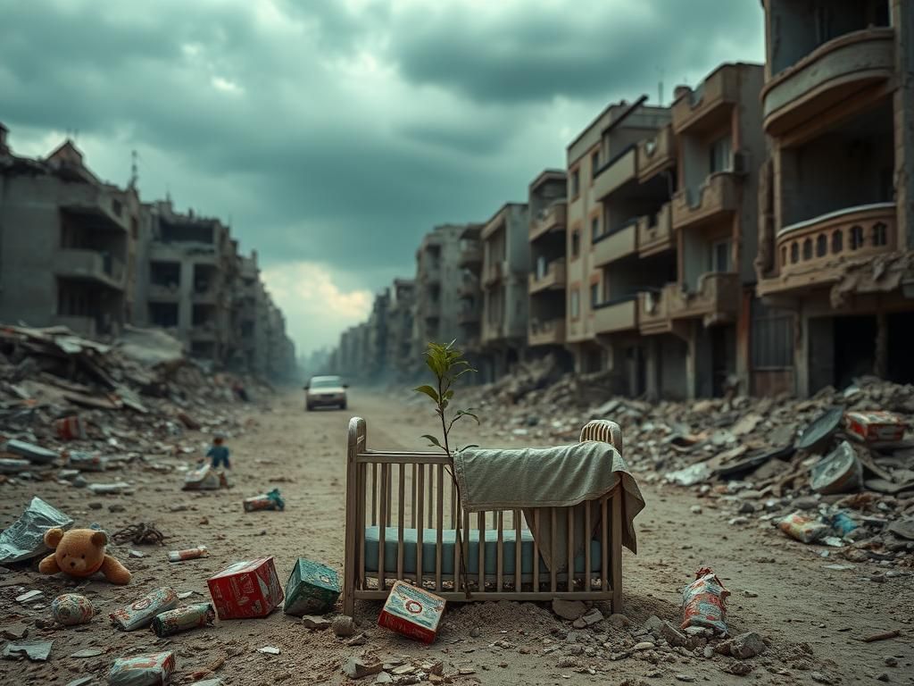 Flick International Haunting landscape of a desolate urban environment in Gaza with an empty crib symbolizing malnutrition