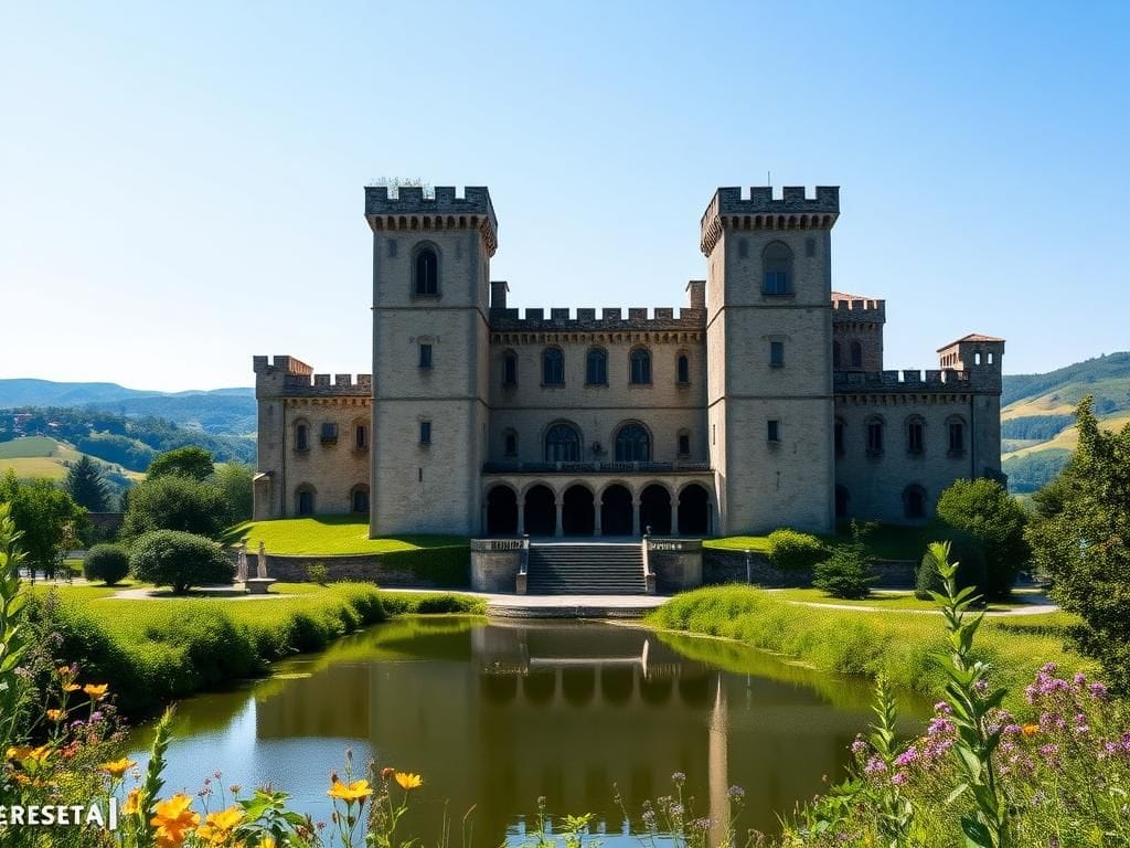 Flick International Majestic medieval castle, the Castle of Landriano, surrounded by lush landscapes