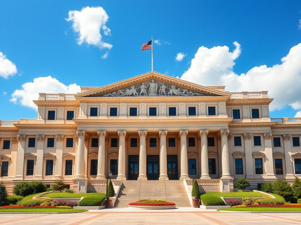 Flick International Majestic federal building facade featuring classical architecture with grand columns and elegant arches