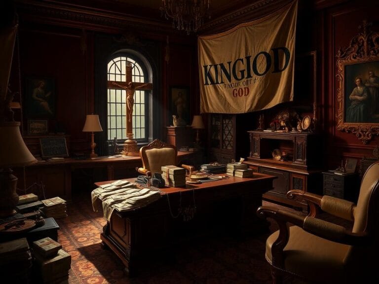 Flick International Opulent room filled with lavish furnishings, stacks of cash, and religious artifacts symbolizing exploitation