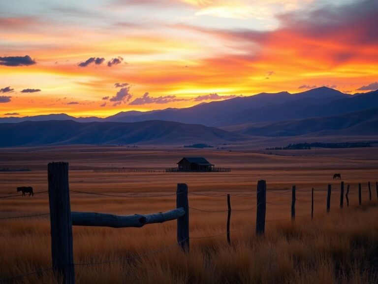 Flick International A stunning sunset over a rugged landscape reminiscent of the American West with a ranch house and grazing horses.