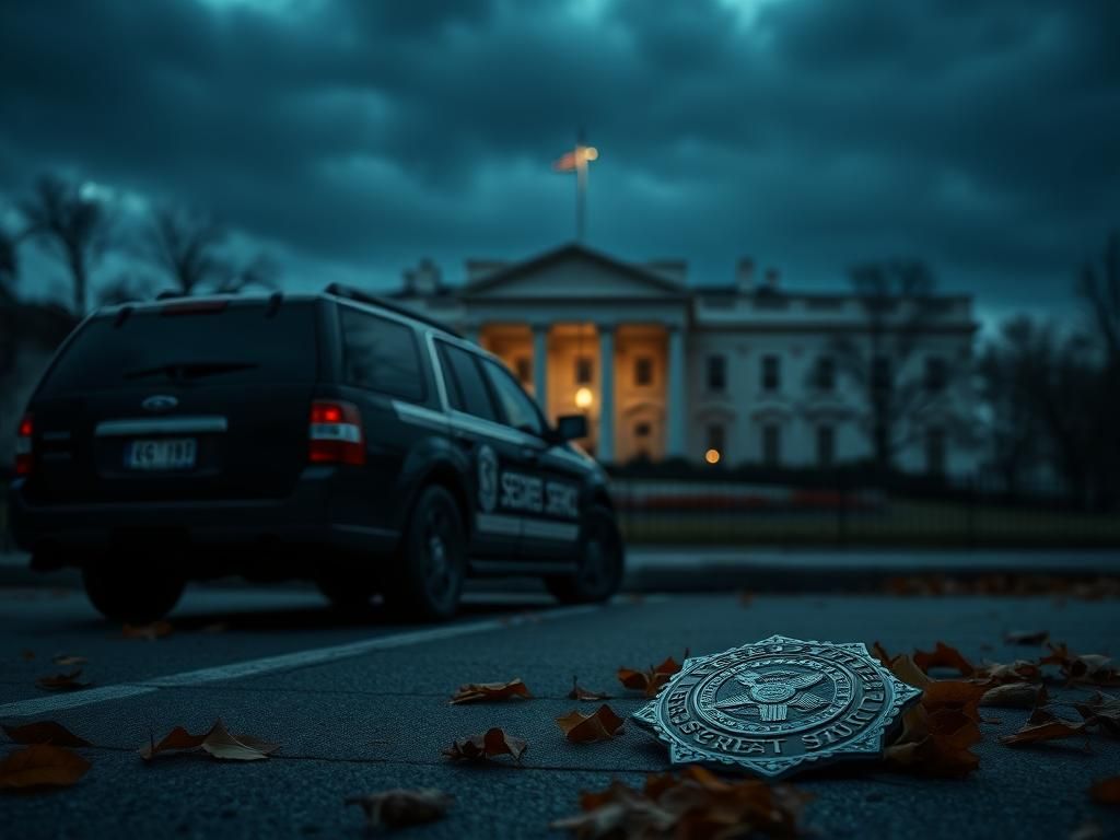 Flick International Somber scene of the White House at dusk with an empty Secret Service vehicle and a fallen badge symbolizing loss of protection