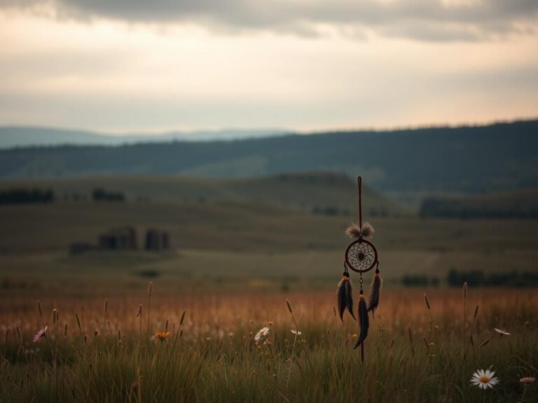 Flick International Landscape depicting Native American heritage with a dreamcatcher surrounded by wildflowers