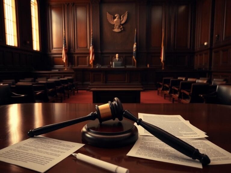 Flick International Somber courtroom interior with empty judge's bench and vacant juror chairs
