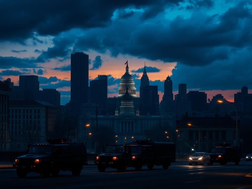 Flick International Dramatic urban landscape at dusk with National Guard vehicles in a blue city