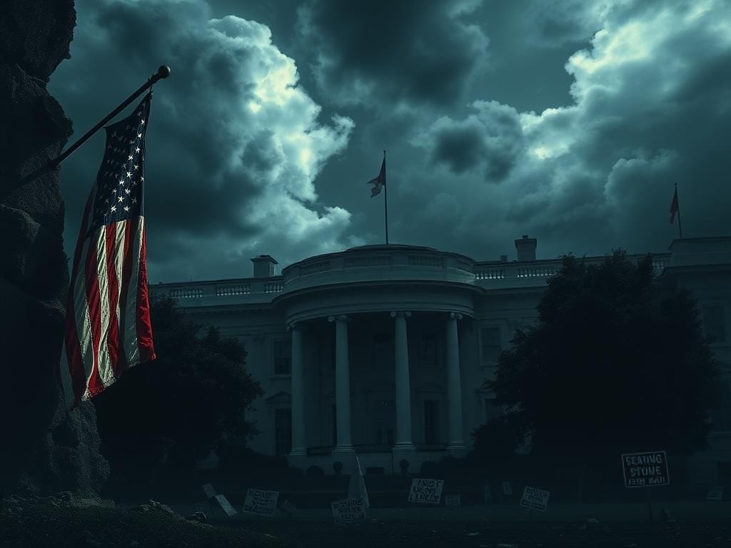 Flick International Aged and cracked American flag hanging from a crumbling wall under a stormy sky