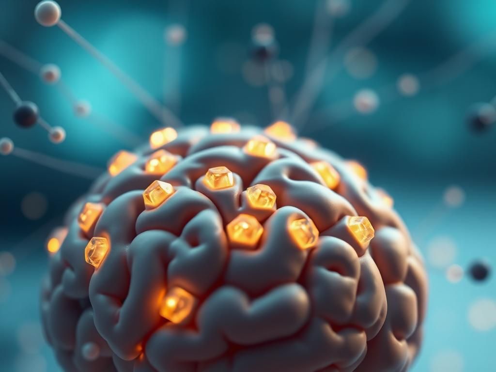 Flick International Close-up view of a brain model surrounded by crystalline glycogen structures