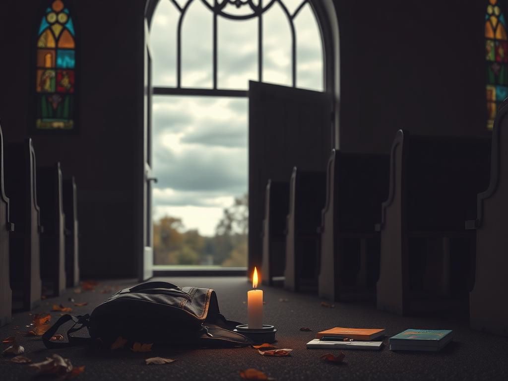 Flick International Tranquil Minneapolis church interior with colorful stained glass light and an empty pew