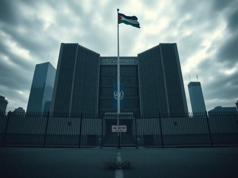 Flick International Aerial view of the United Nations headquarters in New York with a closed gate symbolizing restricted access