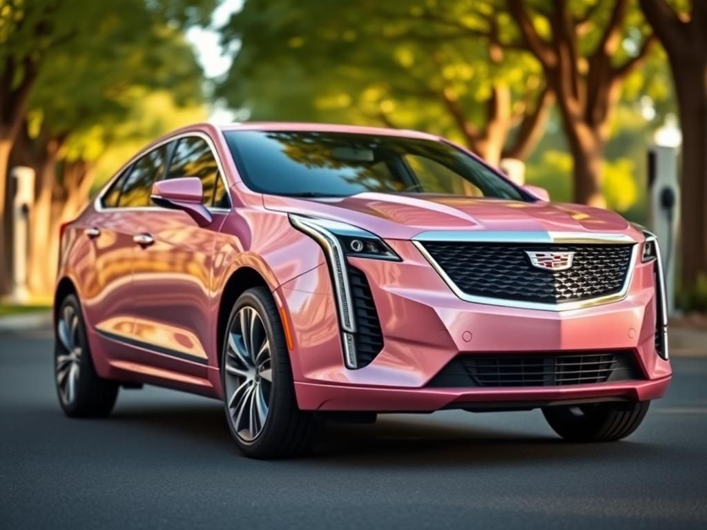 Flick International Close-up of a sleek electric Cadillac Optiq in pink pearl finish on a tree-lined avenue.