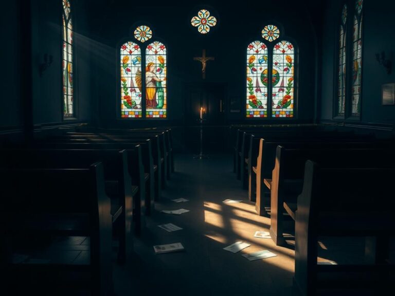Flick International Somber interior of a dimly lit Catholic church with empty pews and scattered Mass programs