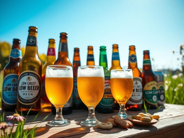 Flick International A table set outdoors featuring various low-carb beer bottles and frosty glasses under a bright blue sky