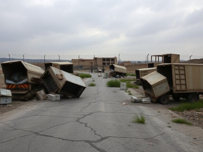 Flick International Desolate landscape in Gaza with abandoned aid trucks and cracked roads reflecting the humanitarian crisis