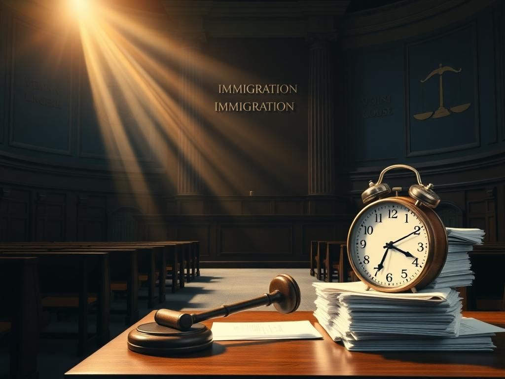 Flick International Somber yet hopeful interior of an immigration courthouse with empty benches and a judge's bench