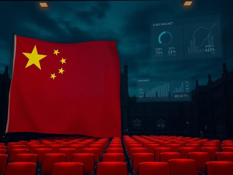 Flick International Dark skyline of a university campus at dusk with gothic architecture and a translucent Chinese flag overlay