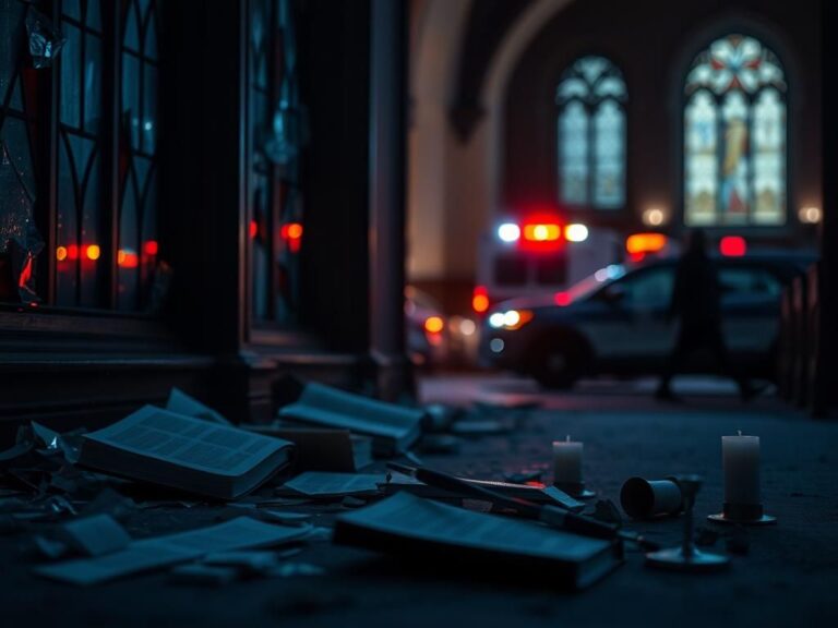 Flick International Exterior of a Minneapolis Catholic church showing shattered stained-glass windows and scattered debris after a shooting