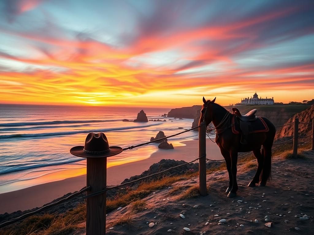 Flick International Dramatic sunset over a California coastline with cowboy hat and horse