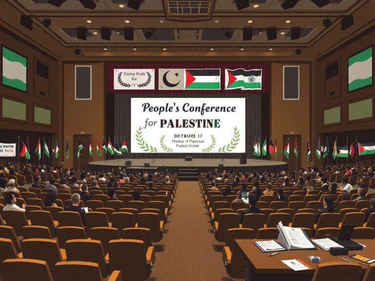 Flick International Stylized depiction of the People's Conference for Palestine in a large auditorium in Detroit, featuring a prominent stage with symbolic imagery.