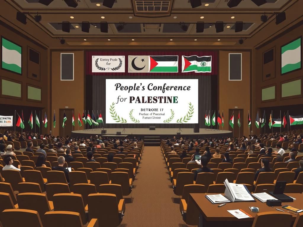 Flick International Stylized depiction of the People's Conference for Palestine in a large auditorium in Detroit, featuring a prominent stage with symbolic imagery.