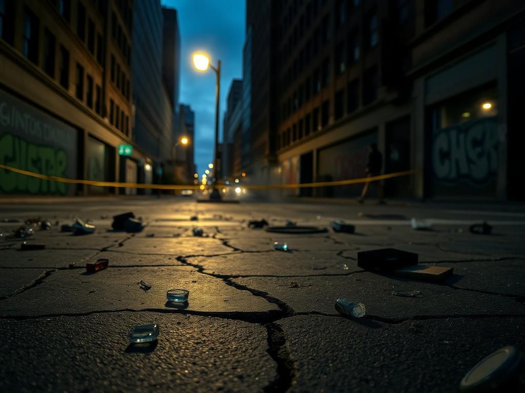 Flick International Dark urban street scene in downtown Cincinnati at dusk depicting aftermath of a violent incident