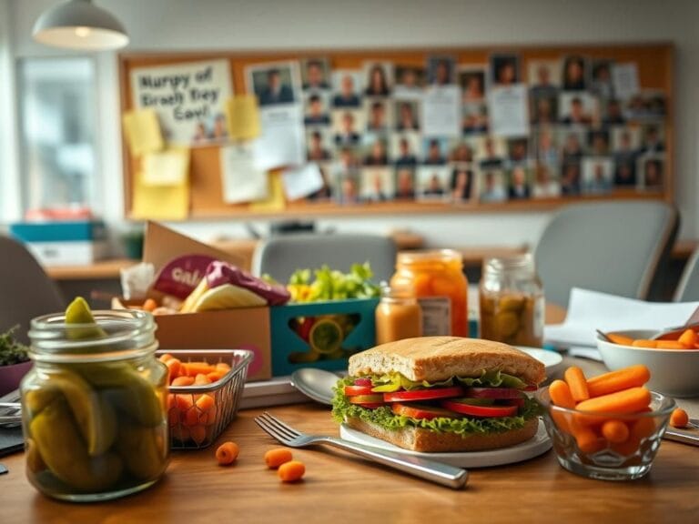Flick International Close-up of a colorful office break room table with various lunch items during a chaotic lunch hour.