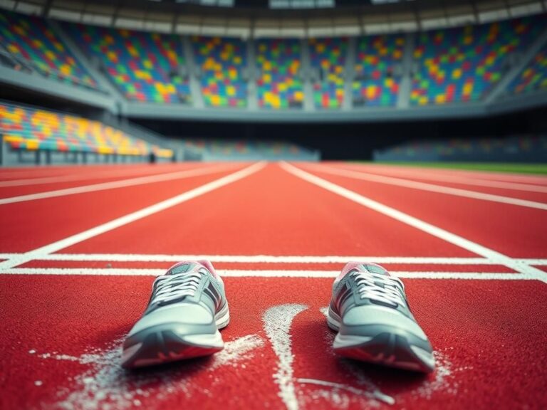 Flick International Dynamic scene of a running track with polished running shoes near the finish line, symbolizing athletic triumph