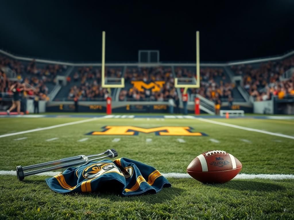 Flick International Missouri football field scene with crutches and a fallen jersey after Sam Horn's injury