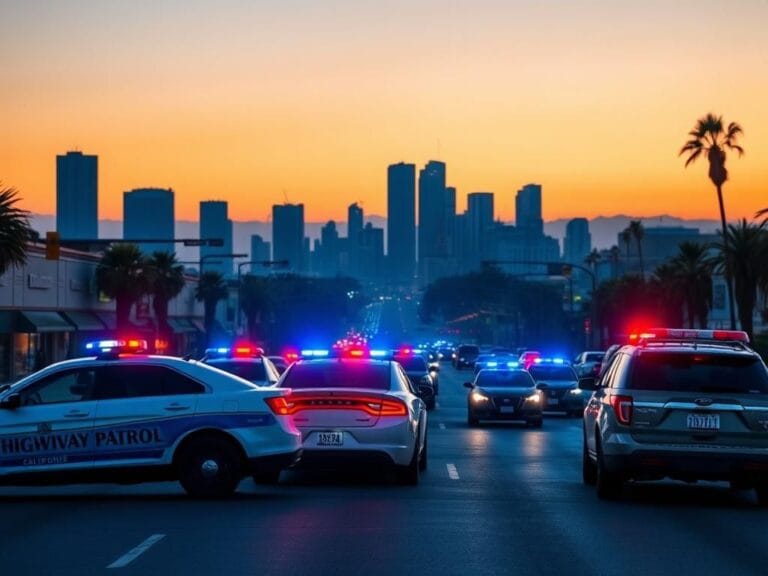 Flick International Panoramic view of a California cityscape at dusk featuring police vehicles with flashing lights