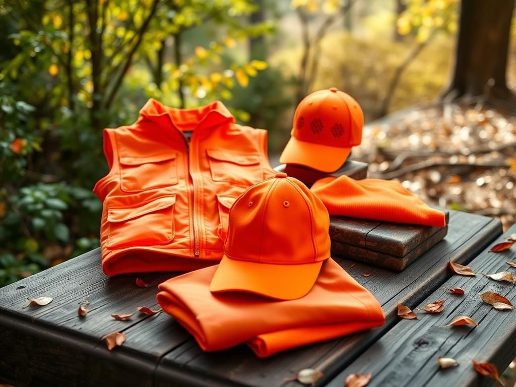 Flick International Vibrant blaze orange hunting gear displayed on a rustic wooden table