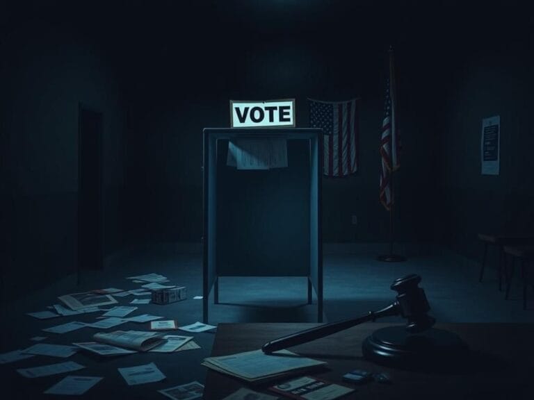 Flick International Empty voting booth in a dimly lit polling station with scattered election materials