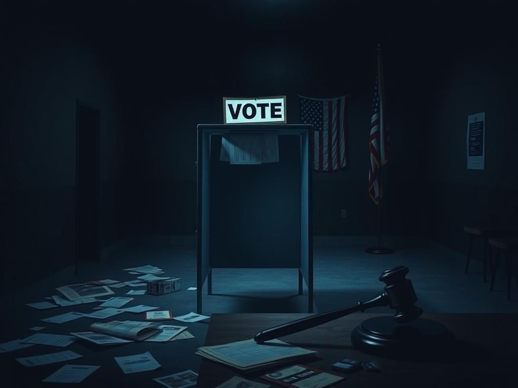 Flick International Empty voting booth in a dimly lit polling station with scattered election materials