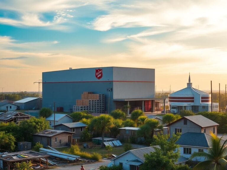 Flick International New Orleans community recovering from Hurricane Katrina with rebuilt homes and a packed Salvation Army warehouse