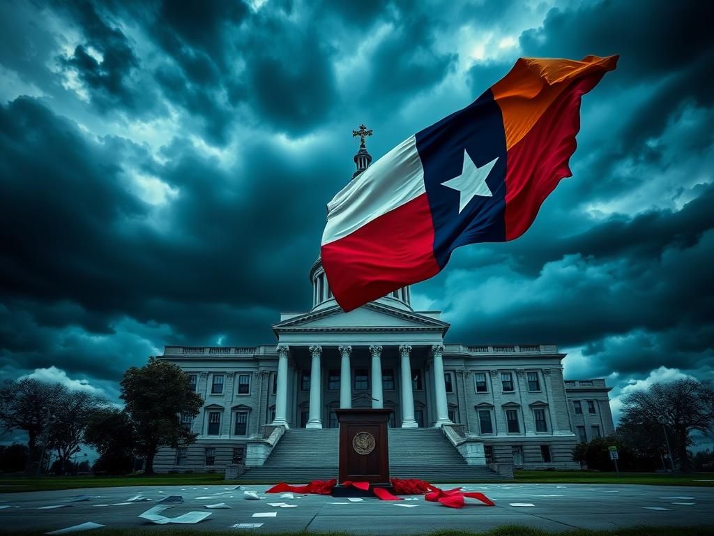 Flick International Dramatic scene of the Texas state Capitol building under stormy skies